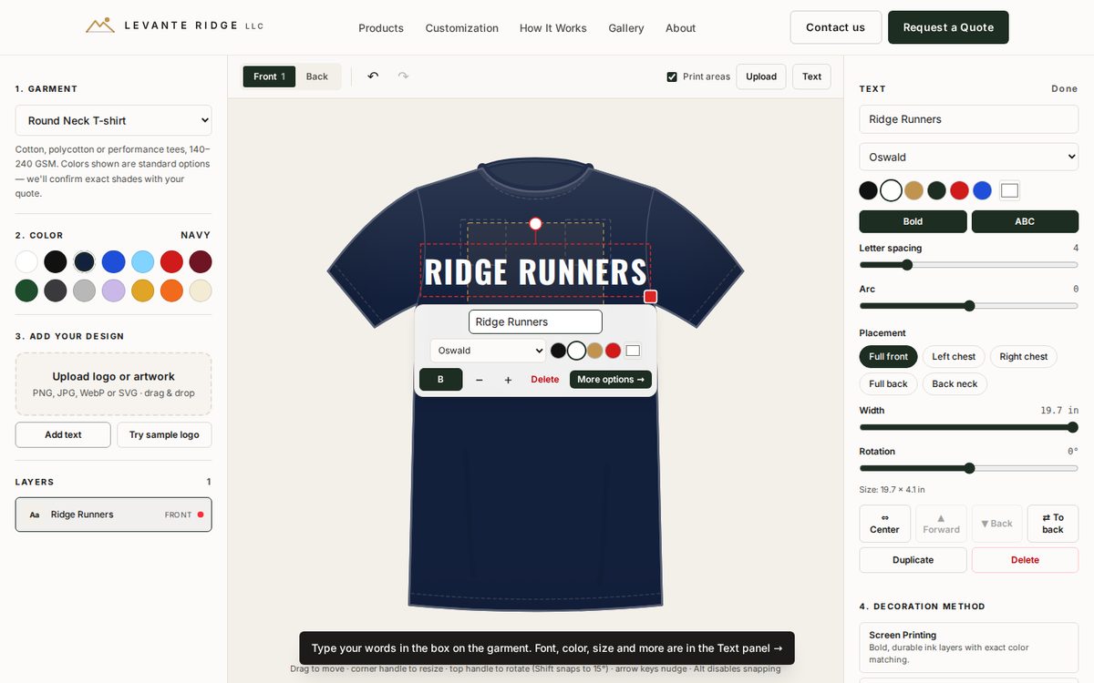 The Apparel Designer: a navy T-shirt with the text 'Ridge Runners' being edited, with garment, colour and text controls