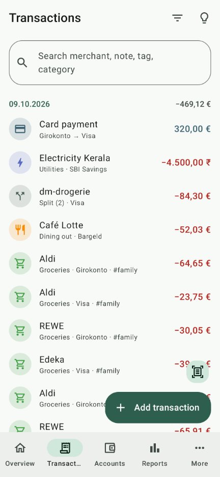 MyLedger transactions list with groceries, dining and a card payment